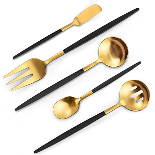VANVRO Matte Black Gold Serving Silverware Set, 5-Piece Round Shared Utensils Set of Stainless Steel, Hostess Flatware Serving Set, Satin Finish, Dishwasher Safe
