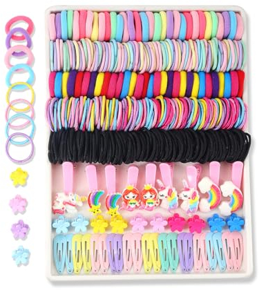 INSKIDS 440-teiliges Haar-Zubehör-Set für Mädchen, Bonbonfarben, Nylon-Haargummis, elastische Pferdeschwanz-Halter, Gummiband für Babys und Kinder, Cartoon-Haarspange für dickes und dünnes Haar