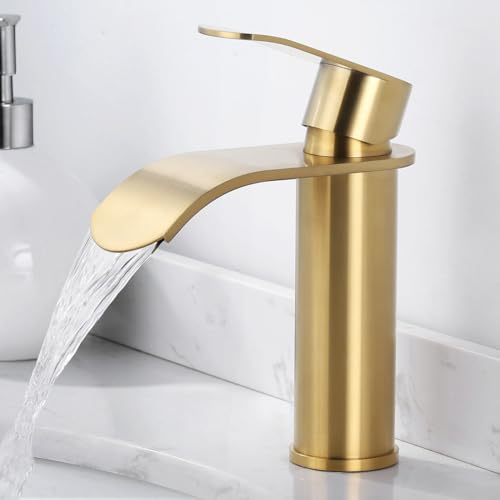 ARCORA Grifo de baño, alta presión, bajo ruido, de acero inoxidable, monomando, cascada, grifo para lavabo, color dorado