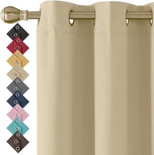 Beige Blackout Curtains for Bedroom Windows 90 x 90 Drop Inch, 2 Panels | Thermal Insulated Window Treatment Blackout Ring Top Eyelet Curtains & Drapes for Living Room Windows