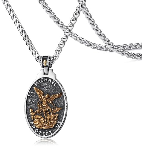WESTMIAJW Saint St Michael Necklace Stainless Steel Archangel St Michael Medal Pendant Necklace Jewelry for Men 60cm