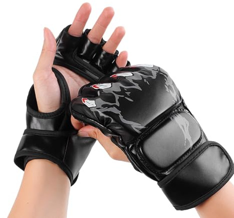 HERCHR Guanti MMA Guantoni da Boxe, Sparring Hybrid Palm Aperti Arti Marziali Guanti Supporto per Polso in Pelle Sport Guantoni da Boxe Allenamento Muay Thai per Uomo Donna(Nero)