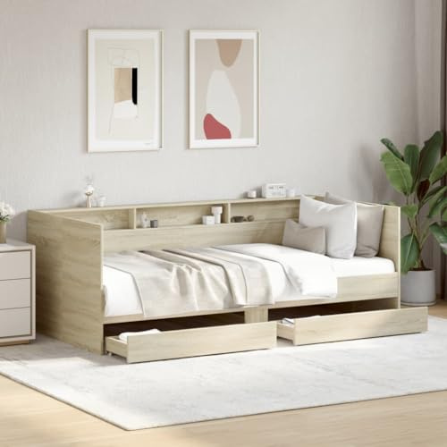 Gecheer Dormeuse, Struttura Divano Letto Singolo Moderno, 2 Posti con 2 Cassetti, in Truciolato e Rovere Sonoma, 100x200 cm, Telaio Legno, Divano 2 Posti