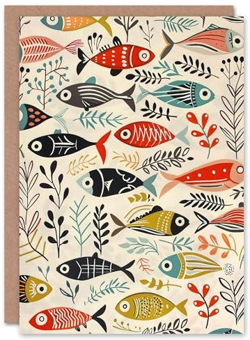 Greeting Card Scandi Fish Sea Kelp Design Colourful Rustic Blank For Him Or Her Art Birthday Card