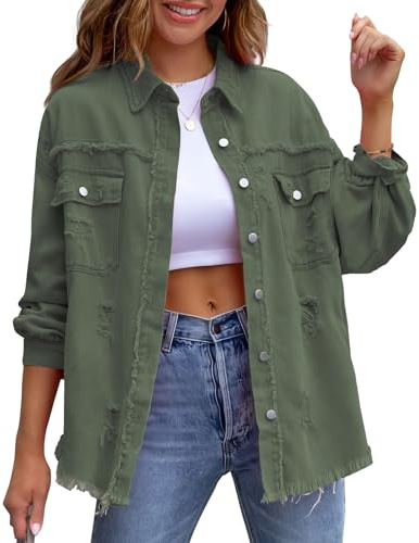 MGizo DtiSpectrum Veste en Jean Vieilli Boyfriend Pour Femme - Déchirée Coupe Ample à Manches Longues, en Denim avec Bouton en Métal