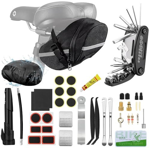GOHHME Fahrrad Reparaturset 16-in-1-Multifunktionswerkzeug Fahrrad Werkzeugset mit Wasserdichtem Deckel Mini-Pumpe 12 Reifenflicken mit Kleber Praktische Aufbewahrung Fahrrad Zubehör