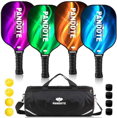 Lot de 4 pagaies de pickleball légères en graphite avec 4 balles de pickleball, poignée de rechange et sac, pour homme et femme
