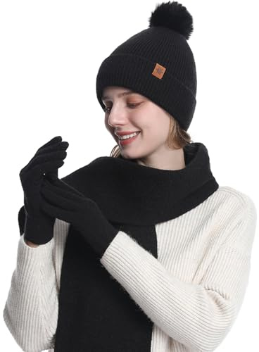 MAZELIKEHOOD Set Sciarpa Cappello Guanti Donna Inverno Caldo Cappello di Bobble con Sciarpa a Maglia e Guanti Tessuto Morbido e Comodo Moda Accessori Invernale Ideale per Regalo di Natale