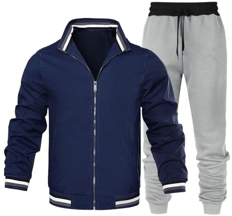 Generisch Chaqueta de invierno para hombre, chaqueta de béisbol con bloqueo de color, pantalones de chándal gris claro, tendencia deportiva informal de negocios, conjunto de dos piezas suelto y cómodo