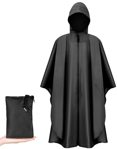 Vicloon Poncho de Pluie Multifonction, Poncho Pluie Imperméable 3 en 1 Réutilisable Cape de Pluies pour Moto/Vélo Avec Capuche pour Randonnée en Plein Air Camping Pêche, Noir avec Fermeture Eclair