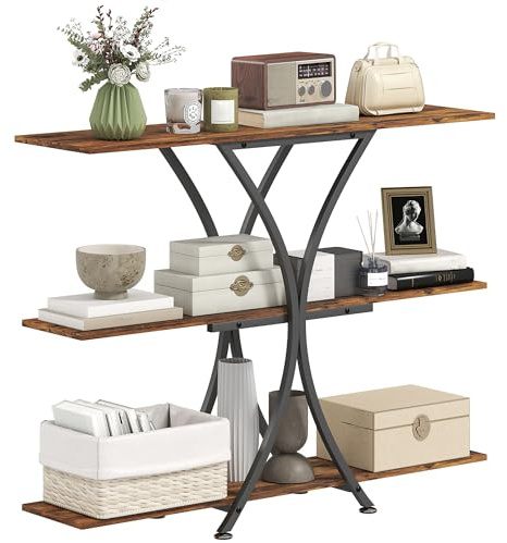 HOMCOM Mesa de Consola de 3 Niveles, Mesa de Sofá Industrial con 2 Estantes Abiertos y Marco Metálico en X, Consola para Recibidor Estrecha, para Salón, Pasillo, Entrada, Marrón Rústico