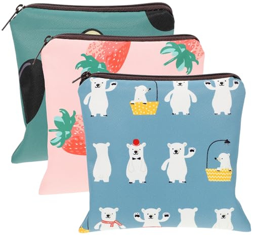 WEKAMOS Compact Sanitary Holder and Reusable Period Bag 3pcs Set Waterproof Cartoon Tampon Pouch with Button Closure for Daily Use Travel Storage