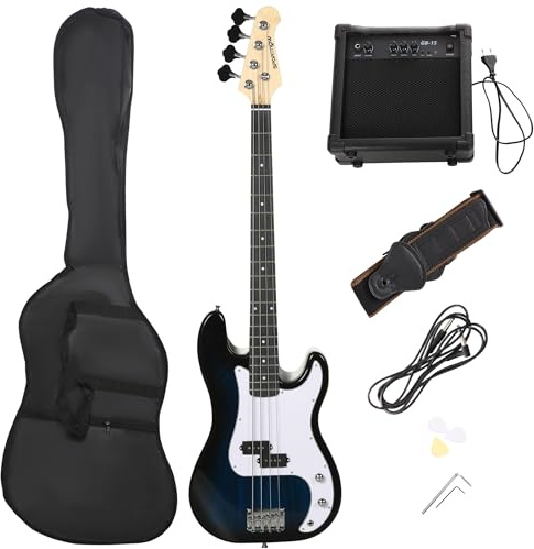SPORTNOW 4 String Electric Bass Guitar, Full Size for Beginner, Right Hand with Amp, Cable, Guitar Bag, Shoulder Strap, Picks, Wrench, Blue