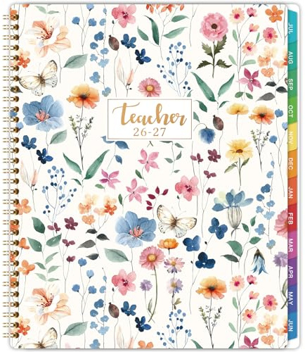 Teacher Planner 2026-2027 - Teacher Lesson Planner 2026-2027, 8.5”x11”, July 2026 - June 2027, Teacher Planner Academic Year, Colorful Monthly Tabs, Holidays, Pocket - Floral