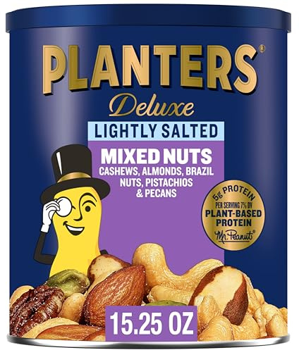 PLANTERS Deluxe Mixed Nuts, Cashews, Almonds, Brazil Nuts Mix, Pistachios, Pecans, Lightly Salted, Snacks for Adults and Kids, Party Snack, 15.25oz