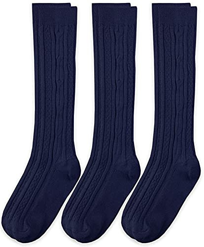 Jefferies Socks Girls 7-16 School Uniform Acrylic Cable Knee High 3 Pair Pack, Navy, Medium