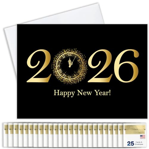 New Years Cards with Gold Foil Envelopes for Business & Family (Time for 2026) 25 Pack Bulk Greeting Card 2026 New Year Set (5x7 inch) Office, Work Employees & Clients (N1605) Made in USA