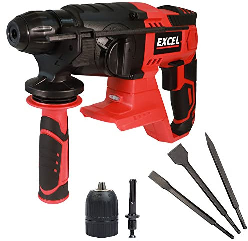 Excel 18V Cordless SDS-Plus Rotary Hammer Drill EXL554B with Chuck & Chisel Set (No Battery & Charger) - Variable Speed 1500RPM - 4 Mode Operation - LED Worklight - 360° Rotation