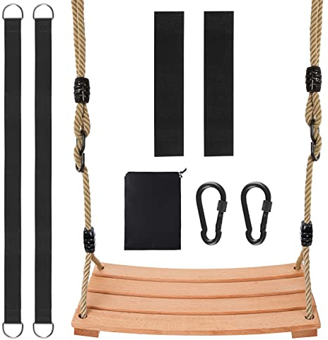 Classic Wooden Tree Swing Seat,Outdoor Tree Swing for Adults and Kids,Wooden Swing Seat with Strong Rope,Indoor/Outdoor Swing Seat for Garden, Patio, or Front Porch