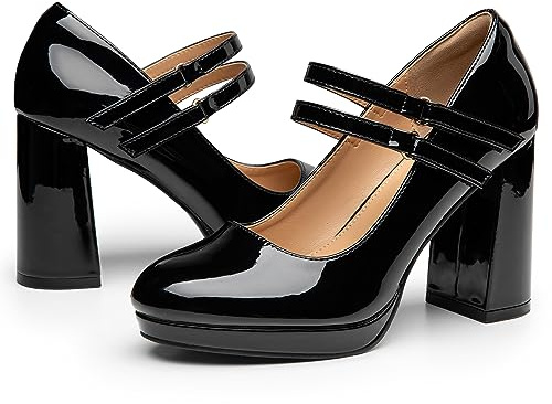 Trary Black Heels for Women, Mary Jane Shoes Platform Chunky Block High Heels with Buckle Strap Comfortable Dress Pumps for Office Party Casual Round Toe Pumps Shoes, Size 9