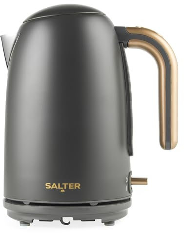 Hervidor Salter Pebble – 1.7 L, hervido rápido, filtro extraíble, indicador de nivel de agua, base giratoria 360°, ventana de visualización, protección contra herv seco, 3 kW, gris/dorado