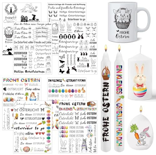 Kerzentattoos Ostern - 8 einzigartige Designs für Osterkerzen & Deko - Rub on Sticker Ostern mit Wasserschiebefolie - kreative Geschenkidee (Kerzen nicht enthalten)