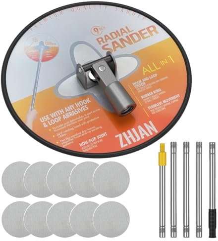 ZHJAN Levigatrice Radiale per Cartongesso con Testa Rotonda 360° e Asta Estensibile, per Pareti e Soffitti, Include 10 Carte abrasive (100/120/150/180/240)