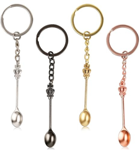 Lot de 4 mini cuillères, cuillères à priser, cuillères à médicaments, petites cuillères, porte-clés, mini cuillères couronne, porte-clés pour hommes et femmes pendentifs de sac à dos cadeaux de fête