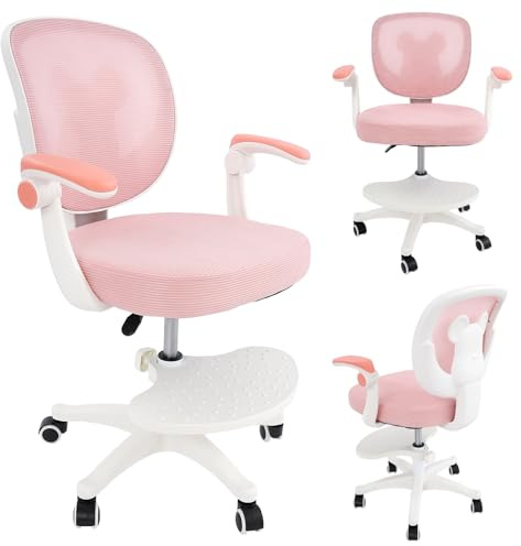Brride Sedia da scrivania per bambini con altezza regolabile, braccioli regolabili, sedia girevole per bambini, con poggiapiedi, per bambini dai 6 ai 18 anni (rosa)