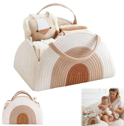 ADDLIVE Cesta Organizadora Bebe, Organizador Pañales, Cesta Cambiador Bebe con Compartimentos Desmontables y Manejar, Tejido de Cuerda de Algodón Cesta Bebe Recien Nacido Niño Niña