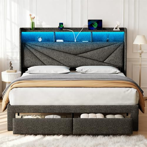 Vinabilia King Size Bed Frame, Upholstered King Bed Frame with 2 Storage Drawers, 2-Tier Headboard, Charging Station & LED Lights, No Box Spring Needed - Dark Grey