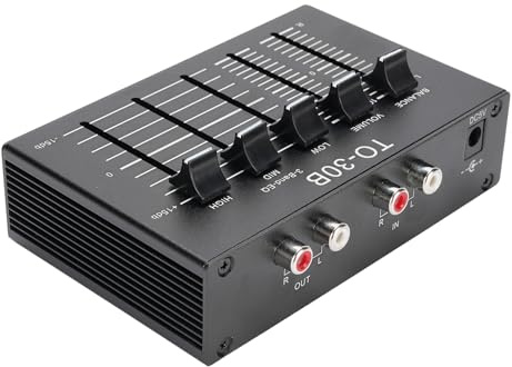 Jectse Ecualizador de 3 Bandas, Ecualizador de Sonido Digital de 2 Canales con Preamplificador de Fono, Ajuste Alto, Medio y bajo de 12 DB, Adaptador de CC de 5 V, para Tocadiscos