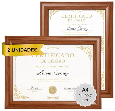 MARCOFOTO Marco de Fotos para Pared - Set de 2 Portafotos MDF con Cristal, uso Vertical u Horizontal - Decoración Hogar u Oficina, Diplomas - Color Madera A4 (21x29,7 cm)