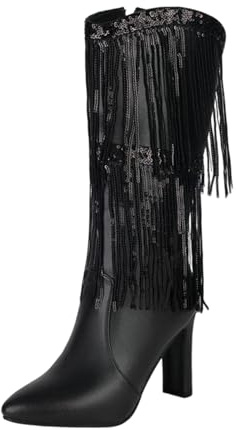 Generisch Botines de tacón cuadrado con flecos estilo occidental para mujer 2027, Negro , 38 EU