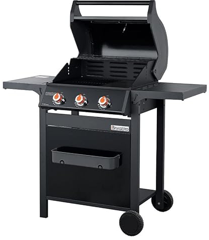 BRASERO - Barbecue Spring II 3 Feux - Surface de Cuisson Mixte en Fonte émaillée - 1/2 Plaque de Cuisson - 1/2 Grille de Cuisson - 3 Brûleurs à gaz - Puissance de 9,45 KW - Jusqu'à 10 convives
