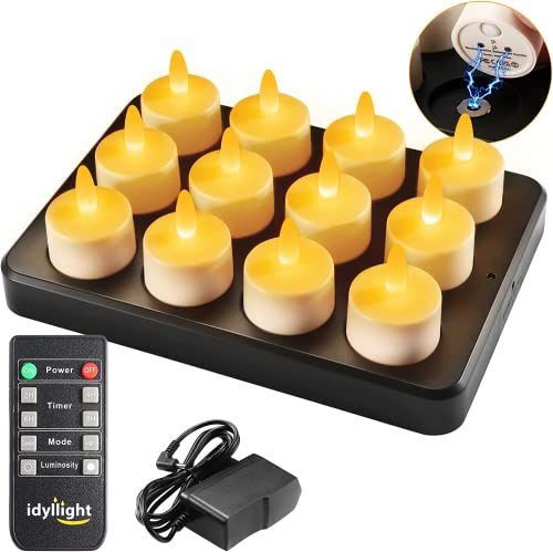 idyl light Rechargeable Tea Lights with Remote,100 Hours Flickering Working Waterproof Led Candles Lights for Centerpiece Home Wedding Party Decoration,Yellow,12 Pack