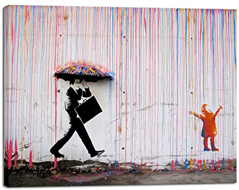 Wieco Art Quadro su tela di Banksy Raining Day o graffiti colorati Street Famous Wall Art Modern Inspirational Grey Love Pictures Stampa artistica per sala da pranzo, cucina, casa, ufficio