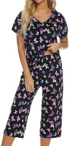 ENJOYNIGHT Pigiama da Donna Corto, Set di Pigiama in Cotone, Biancheria da Notte, Top a Maniche Corte e Pantaloni Lunghi 3/4, Casacca Estiva, XL