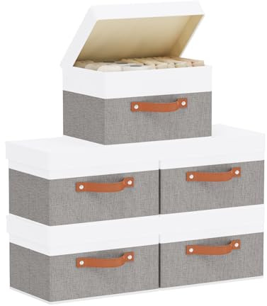 YheenLf 5 Pezzi Scatole con Coperchio, Scatole Portaoggetti Pieghevoli, Cubo di Stoccaggio in Tessuto con Manici, per Vestiti da Letto a Casa,Ufficio,Scuola, Bianco e Grigio, 33x23x20cm