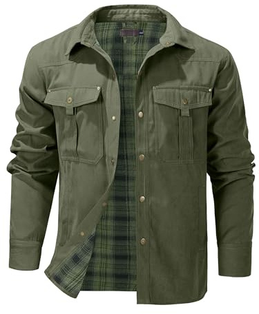Mr.Stream Chaqueta camisa a cuadros con forro de franela para hombre, chaqueta de entretiempo ligera, cuello alto, chaqueta de campo cargo de otoño, chaqueta vaquero occidental con broches, verde, XL