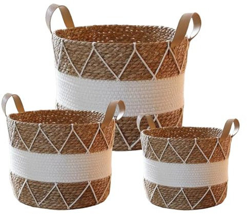 KMERCE Lot de 3 Paniers à Plantes, Cache-Pot tressé pour l'intérieur, Pot de Fleurs Moderne et décoratif en jonc de mer avec Insert en Film de Style bohème - Diamètre 18cm, 22cm et 25 cm (Bohème)