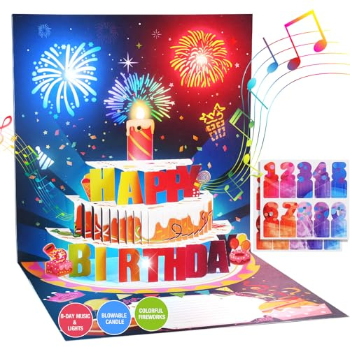 Mozmmhi DIY Tarjeta de cumpleaños, regalos 3D Pop Up Música Fuegos Artificiales Feliz Cumpleaños Tarjetas con Vela Inflable Luz LED Tarjetas de Feliz Cumpleaños para Mujeres Hombres Mamá Niños
