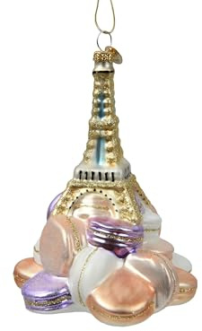Christbaumschmuck Eiffelturm mit Macarons 13,7cm Glas - zum Aufhängen - Weihnachtsbaum Anhänger für Weihnachten - Christbaumanhänger & Weihnachtsbaumschmuck - Frankreich Essen Macaron Pastell