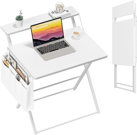 GreenForest Hopfällbart Skrivbord med Skärmstativ, 60 cm Litet Datorbord med Förvaringsväska, Enkla och Moderna Bärbara Hopfällbara Skrivbord med Krokar för Hemmakontoret, Ren Vit