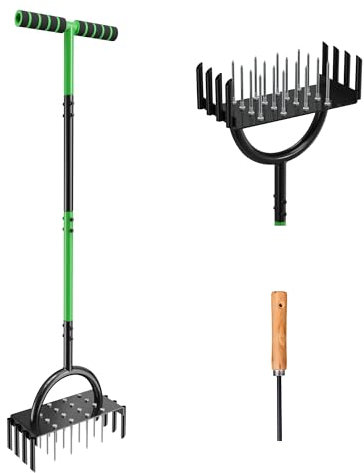 Poskena Rasenlüfter Aerifizierer für Rasen, Rasenspecht mit 16 Stahlstacheln und 8 Atmungsaktiven Stacheln zur Manuellen Bodenverdichtung, T-Griff-Rasenlüfter für Die Rasenpflege