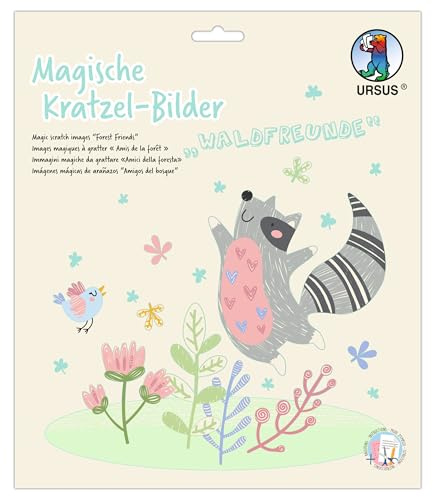 Ursus 2456 00 03F Magic Scratch Pictures Forest Friends, 4 Designs, 21 x 21 cm, with Bamboo Pen and Craft Instructions, DIY Set for Scratching, Creative Craft Set