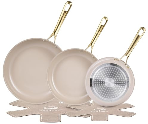 Chef Power Ceramic Frying Pan with Stainless Steel Handle 5Pcs Set, Non Stick Grill Pan Set, Dishwasher and Oven Safe, Taupe and Light Gold Handle