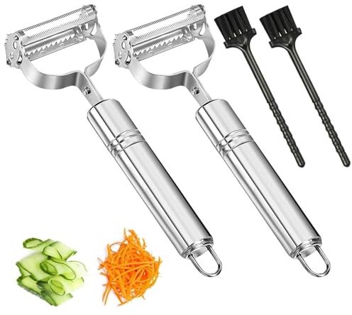 deegbbyi 2 Pezzi Pelapatate Multifunzionale, Pelapatate e Taglia Julie 2 in 1, Manico in Acciaio Inox, Include 2 Spazzole per la Pulizia, per Carote, Patate, Pomodori, Frutta