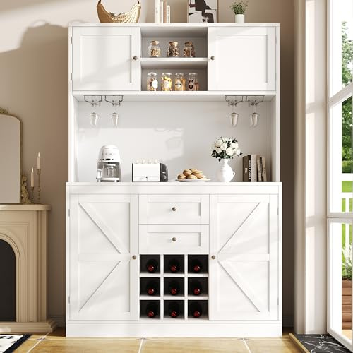 NADEUSAK Armario de cocina 120 x 190 cm, color blanco, estantes ajustables y estante para vino, armario alto de cocina buffet con 4 puertas y 2 cajones, aparador
