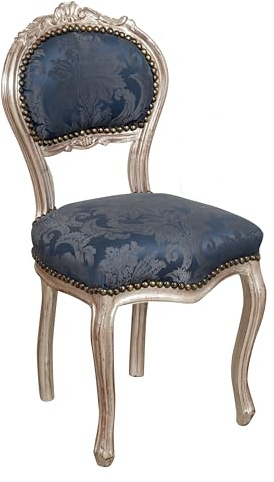 Biscottini Sillas de madera y tela Luis XVI 90x45x42 cm - Silla tapizada Estilo francés en plata y azul - Sillón dormitorio - Sillas Soggirono Estilo barroco